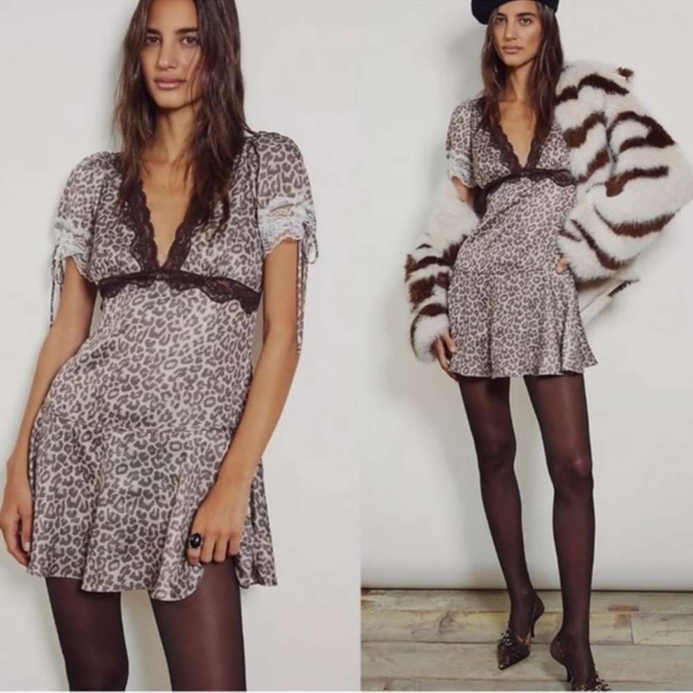 Free People Jos Leopard Print mini Dress with Lace Trim Size XS